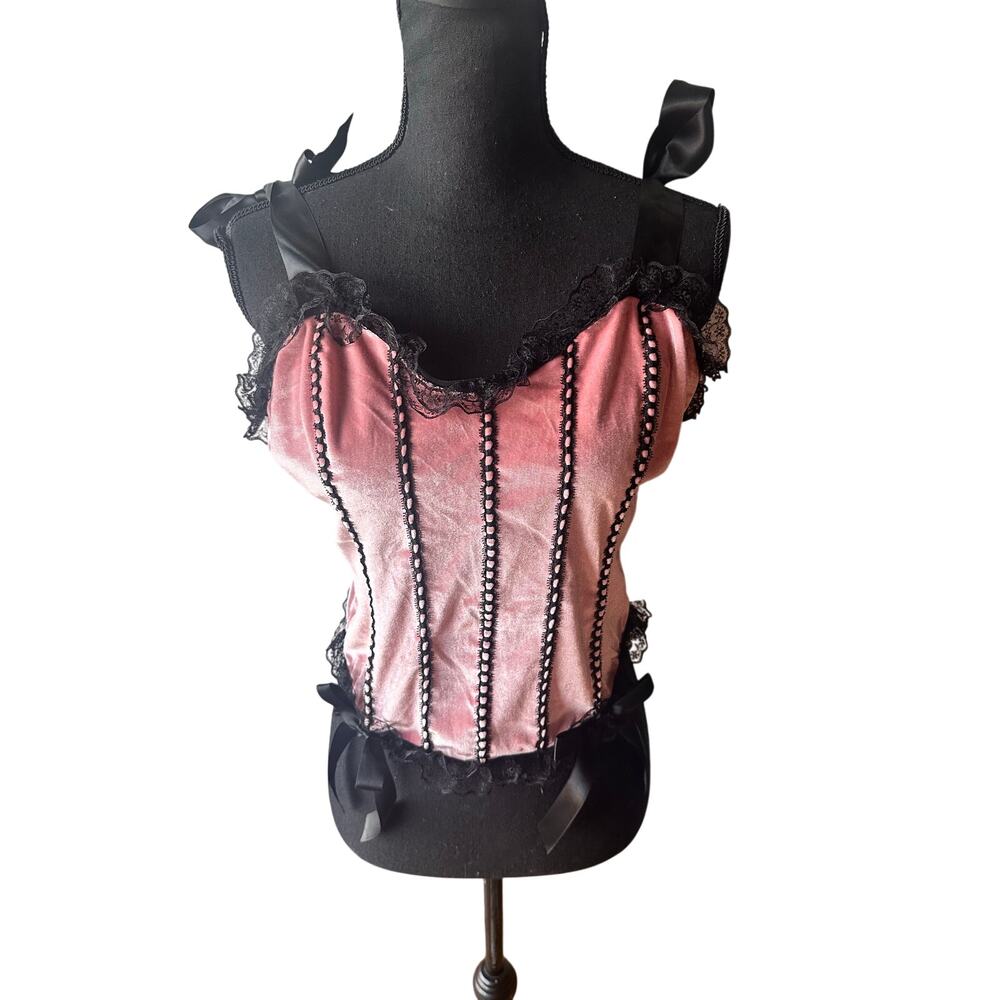Goth Velvet Pink Black Lace Frill Cami XL Corset Style Sweetheart Top Chic